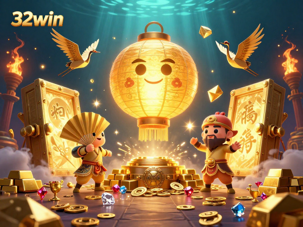 Experience thrilling gameplay at 32win with glowing treasures and lucky symbols surrounding enchanting characters.