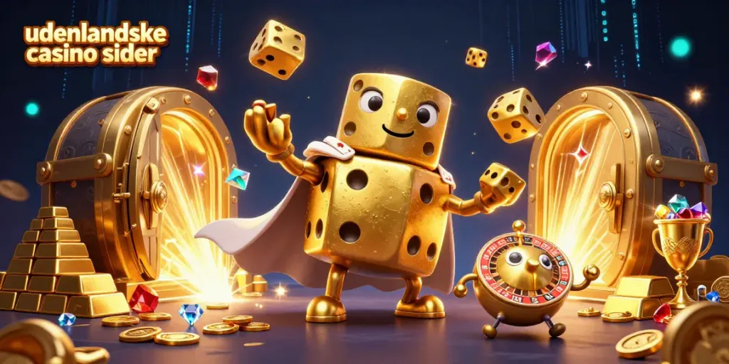 Engage with udenlandske casino sider through a vibrant 3D illustration showcasing dynamic casino elements and golden treasures.