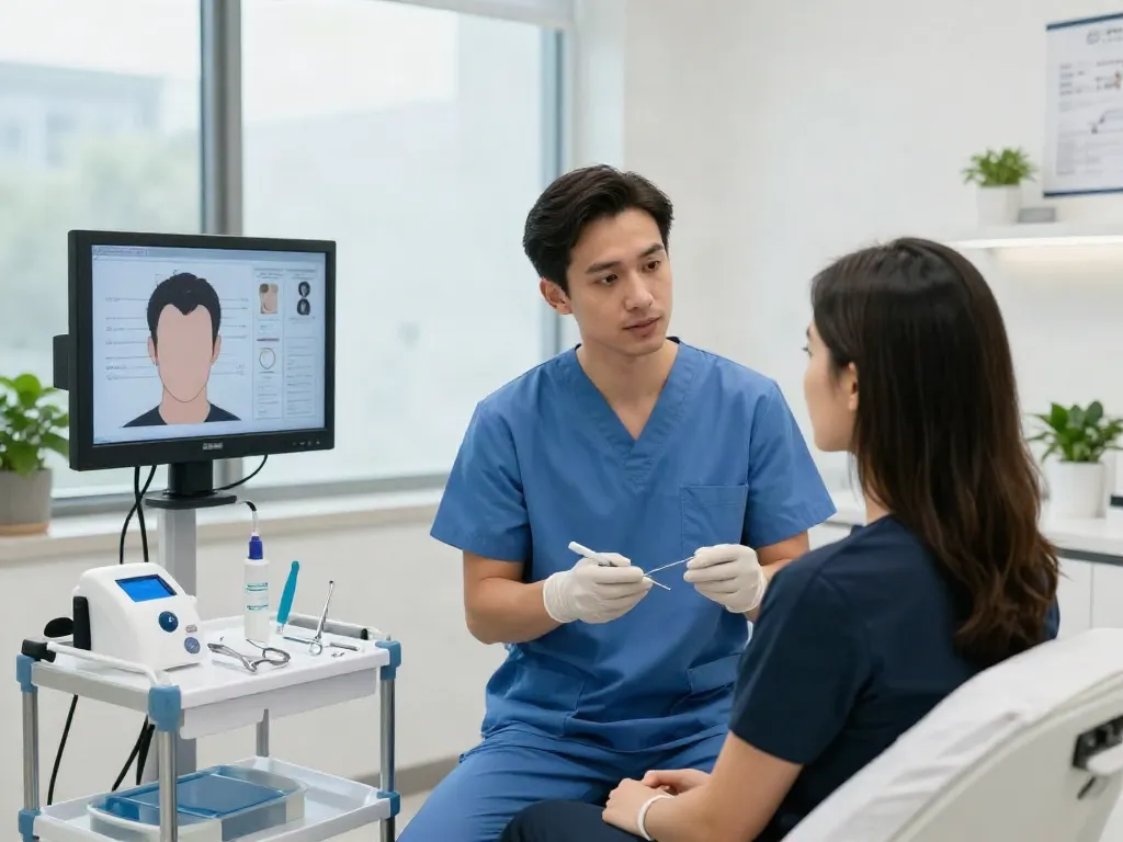 Hair transplant consultation in a modern clinic with a surgeon explaining procedures to a patient.