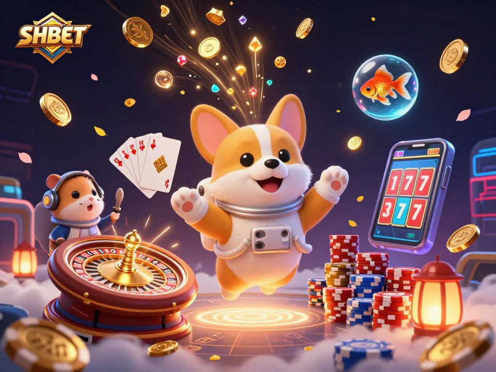 Experience SHBET's dynamic casino excitement with an astronaut corgi and floating treasures.