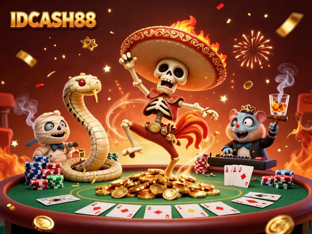 Experience excitement at IDCASH88 with a dynamic scene featuring colorful 3D casino characters and poker elements.