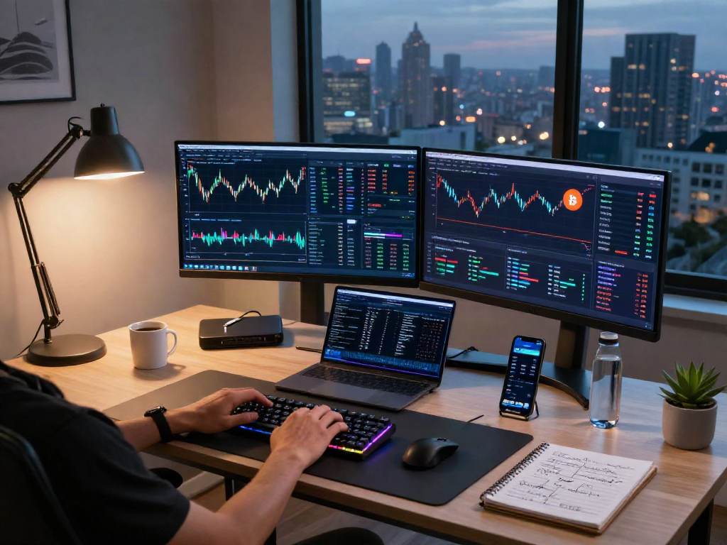 XXKK Exchange trading workspace featuring cryptocurrency charts, DeFi dashboard, and hardware wallet in a modern home office.