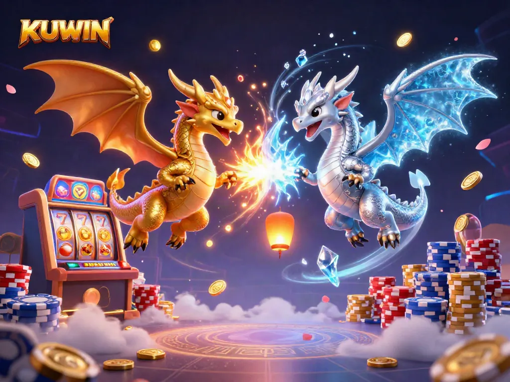 Engage with the vibrant KUWIN slot experience featuring dynamic dragons, coins, and gaming elements.
