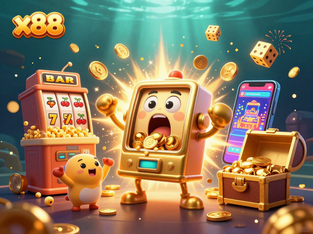 x88 slot machine hits jackpot, bursting coins with vibrant casino themes.