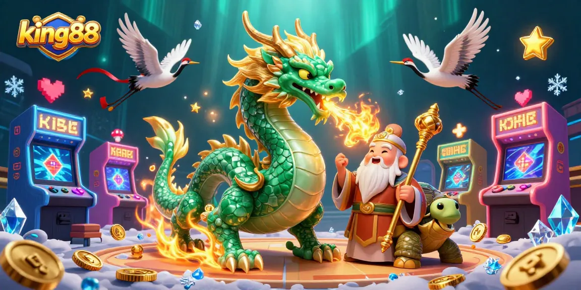 Engage with king88's dynamic gaming scene featuring mythical creatures and vibrant arcade elements.