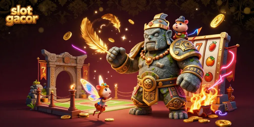 Experience excitement with slot gacor, featuring a magical scene of a stone golem and fairy in an enchanting casino.