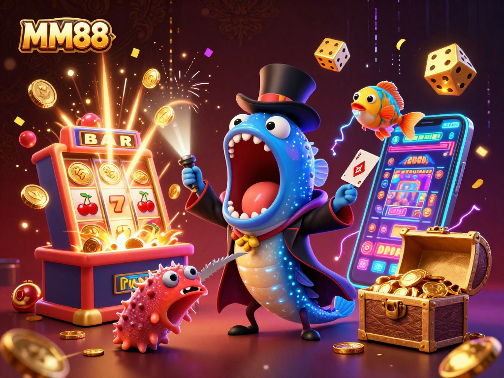 Experience the magic of MM88 through a captivating deep-sea casino scene filled with vibrant elements and action.