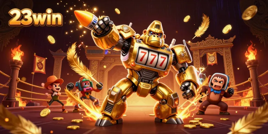 Experience thrilling gameplay with the 23win gorilla mech in a bustling casino scene with dynamic elements.