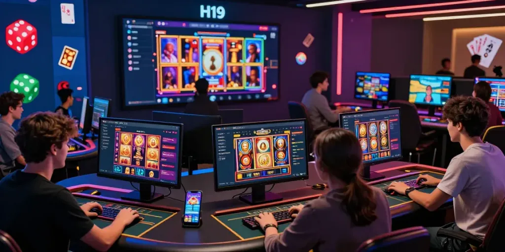 Dynamic H19 online casino scene featuring players engaged in games, showcasing vibrant graphics and interactivity.
