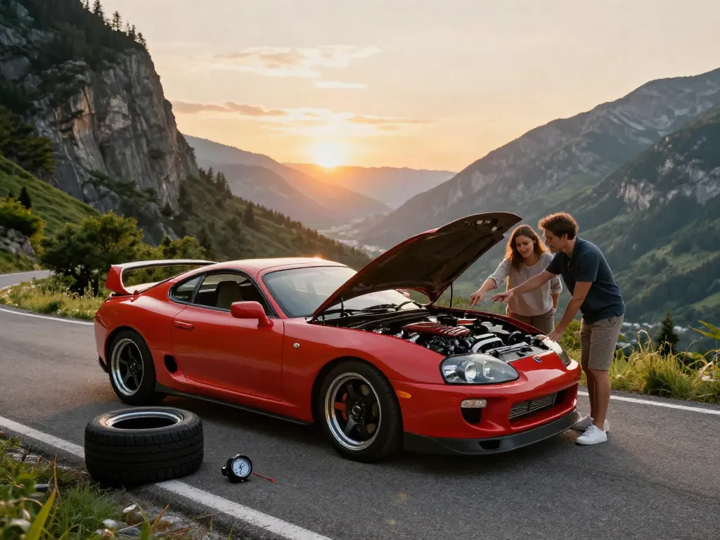 The A80 platform showcased as a vibrant Toyota Supra A80 parked on a scenic road at sunset, emphasizing its sleek design and performance.