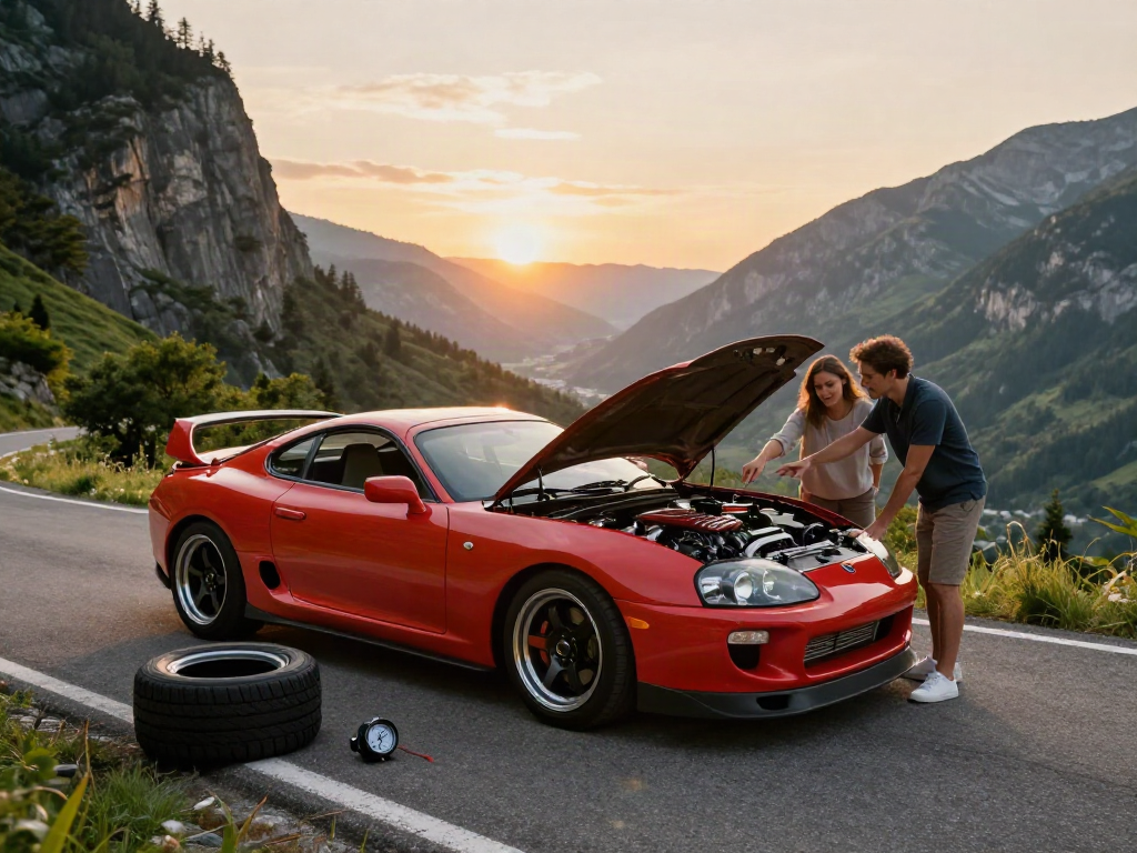 The A80 platform showcased as a vibrant Toyota Supra A80 parked on a scenic road at sunset, emphasizing its sleek design and performance.