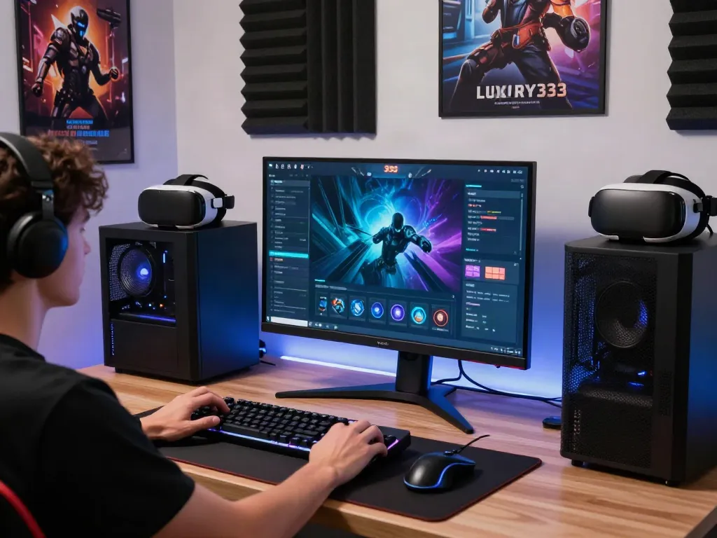 Player immersed in luxury333 online gaming, featuring advanced setup and vibrant atmosphere.