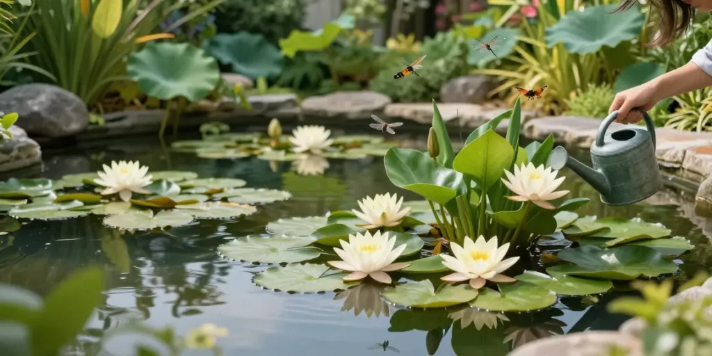 Pond Plants flourishing in a garden pond with a person watering them.