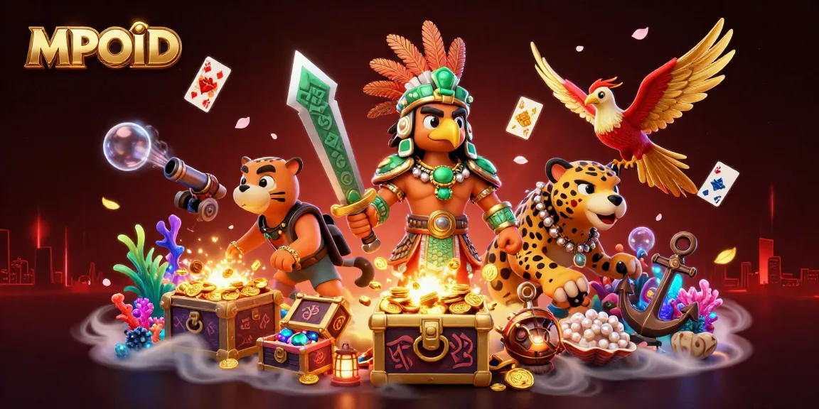 MPOID gaming experience features an Aztec warrior with treasures and cards in a vibrant scene.