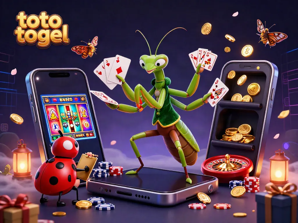 Toto togel gaming scene with a vibrant cartoon giant praying mantis card sharp and ladybug pit boss in a casino