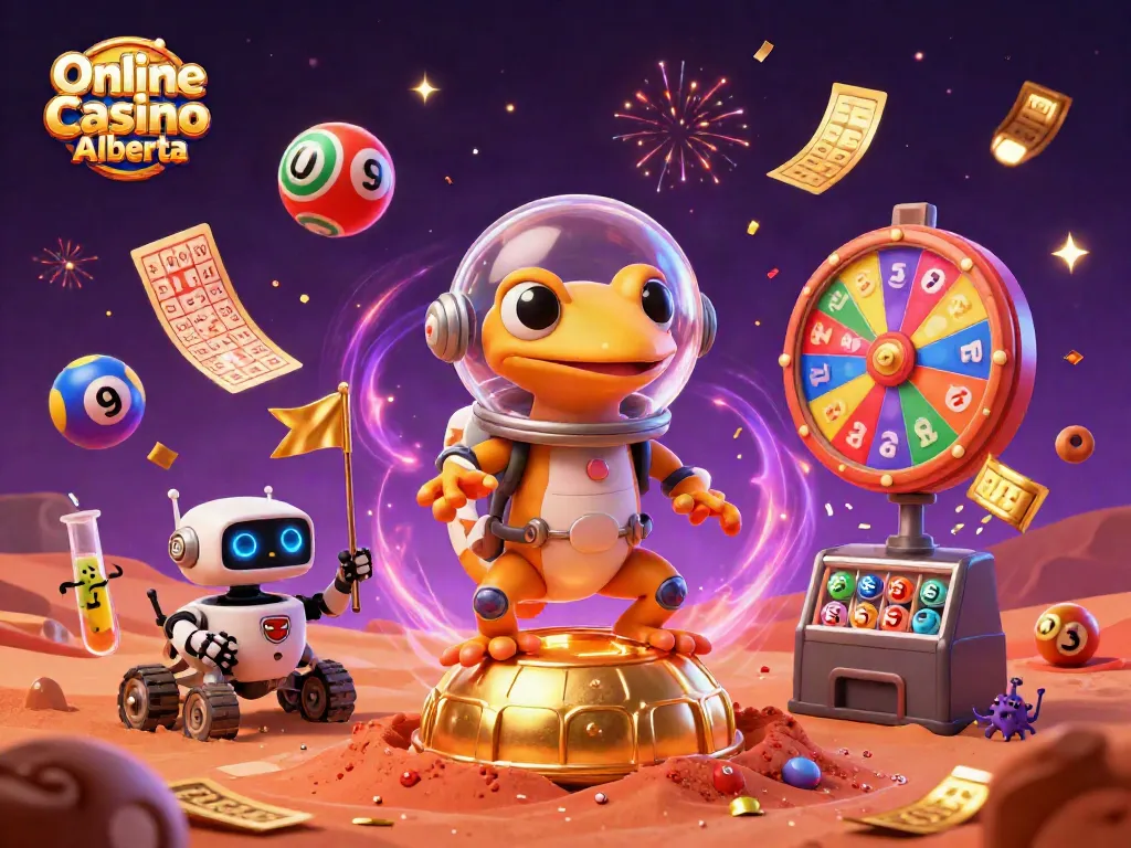 Engage at Online Casino Alberta with vibrant cartoon gecko discovering a golden casino.