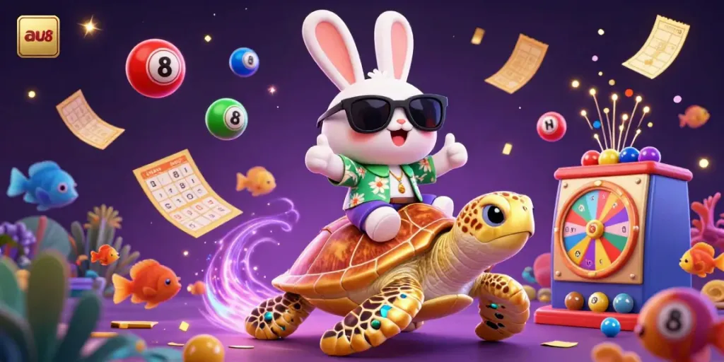 Engage in exciting winnings at au88 with a vibrant 3D illustration of a lucky rabbit and golden sea turtle amidst lively casino elements.