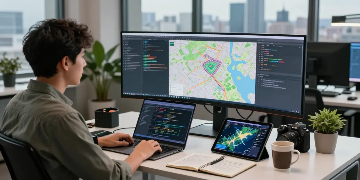 Data analyst working in a modern workspace with geospatial tools, highlighting geosearchly capabilities.