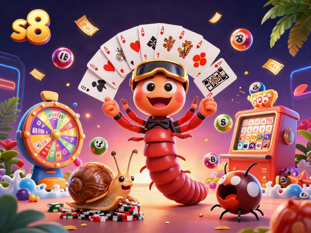 Engage with s8's vibrant casino atmosphere featuring a whimsical millipede dealer among colorful lottery elements.