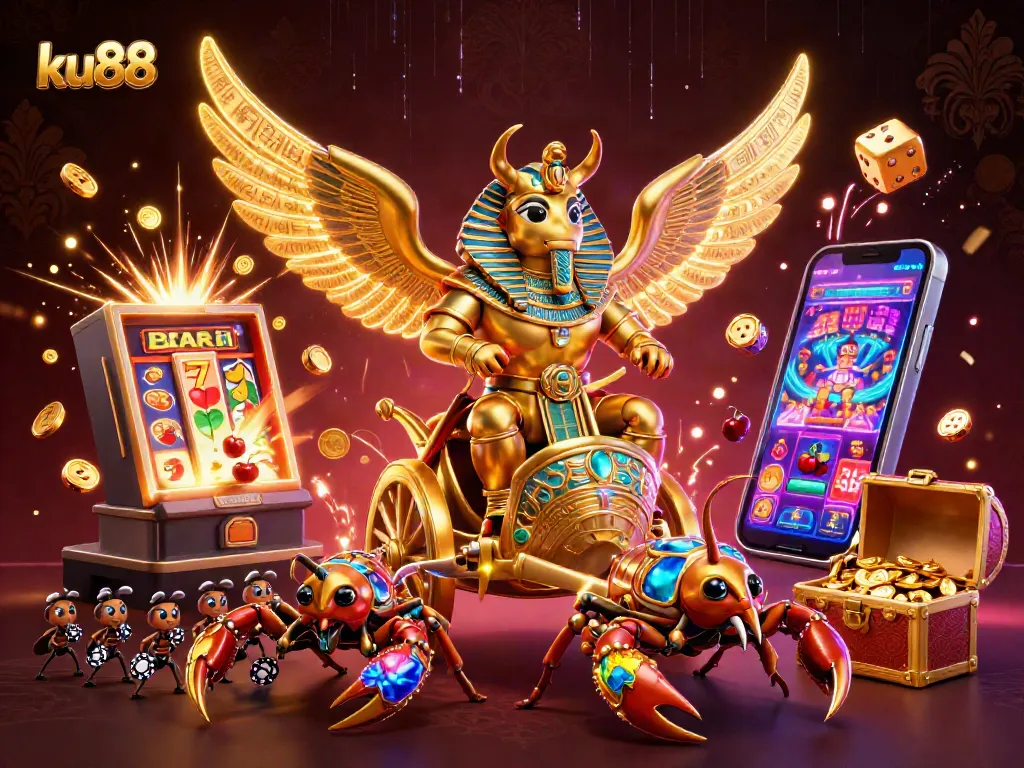 Experience the excitement of ku88 with a rich illustration of thrilling casino games and vibrant characters.