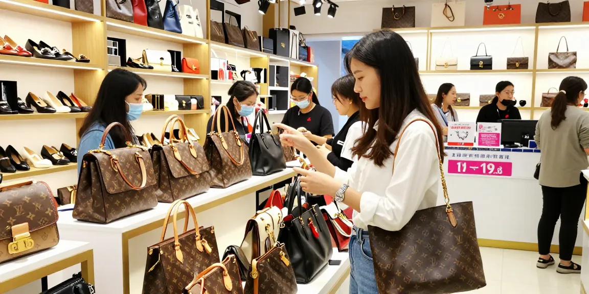 Stylish shopper examining high-quality 레플리카 handbag in a vibrant marketplace