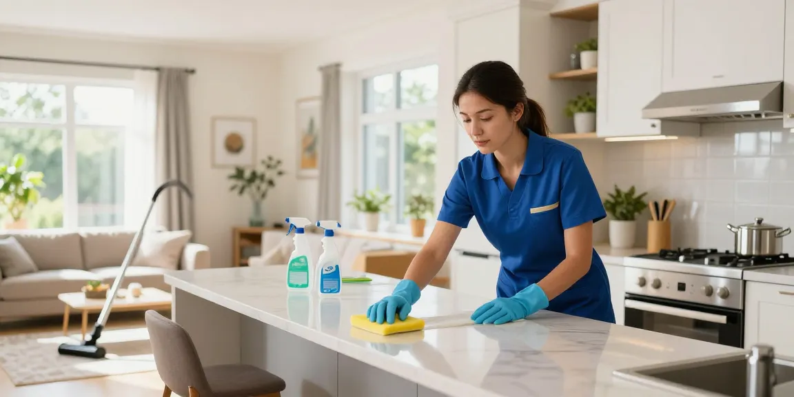 End of lease cleaning in Melbourne showcasing a professional cleaner sprucing up a sunny kitchen.