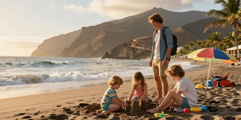 Tenerife Forum family beach outing showcasing toddlers enjoying sandcastle play.