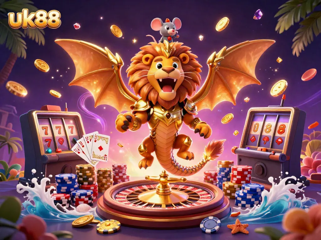Engage in thrilling gameplay with uk88 featuring a triumphant chimera and dazzling casino elements.