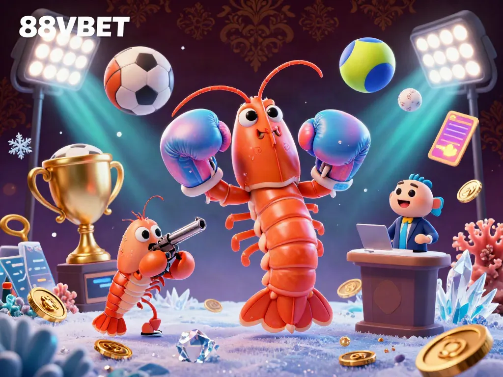 Participate in thrilling 88VBET gambling with animated shrimp characters and dynamic sports elements.