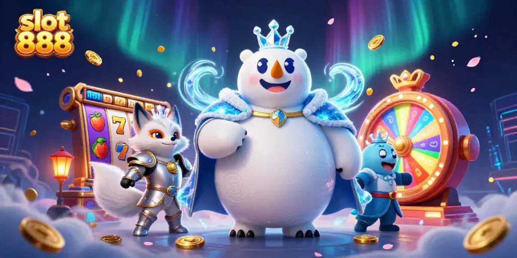 Experience winning thrills with slot 888 in a vibrant, dynamic casino scene of colorful slot elements.