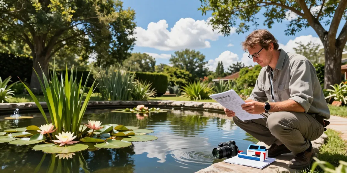 Pond specialist testing water quality in a serene backyard pond.