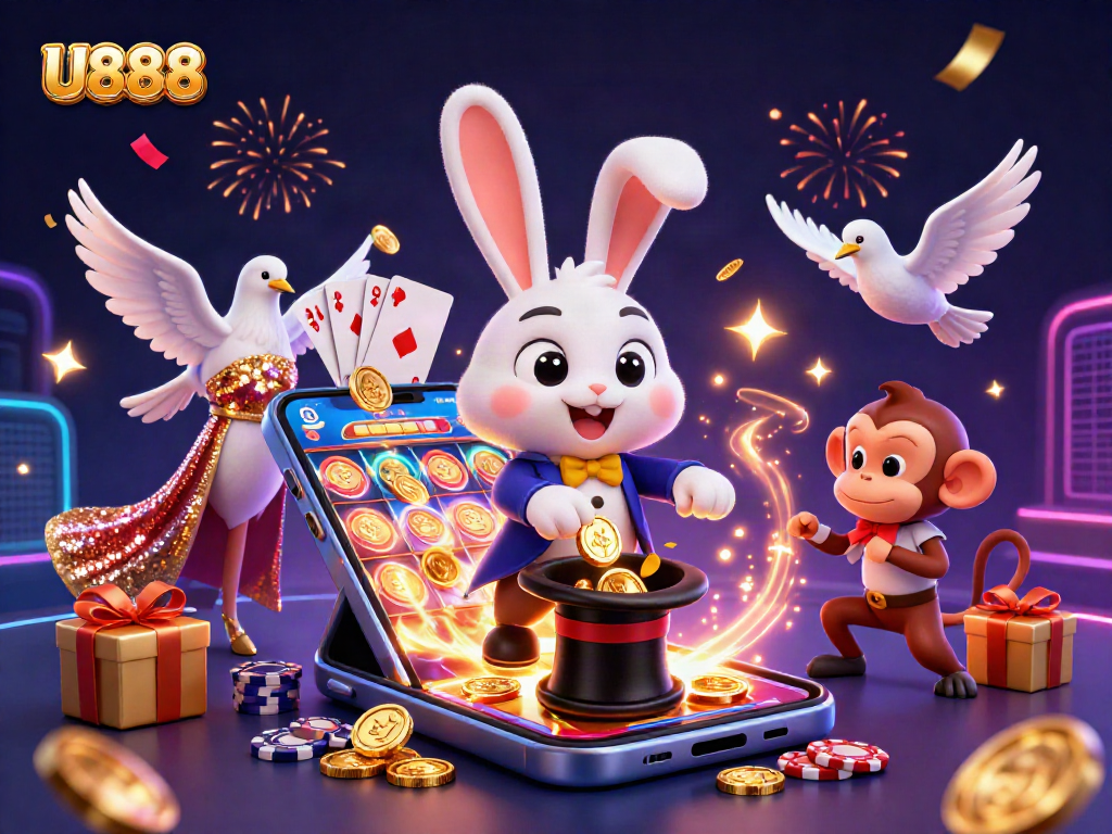 Experience the thrill of U888 with a vibrant casino scene involving a magician rabbit, a glamorous dove, and a clever monkey.