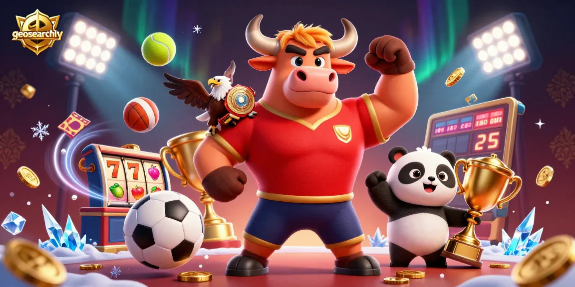 Celebrate with geosearchly – a vibrant scene featuring a bull mascot, eagle, and panda amidst casino elements.