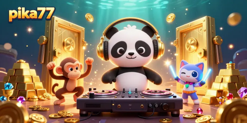 Experience thrilling gameplay with pika77 in this vibrant 3D casino scene, showcasing lively characters and golden treasures.