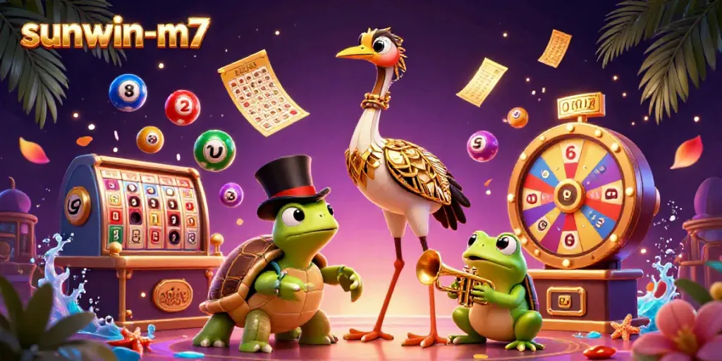Engaging casino scene with sunwin-m7 characters and vibrant lottery elements amidst dynamic energy.