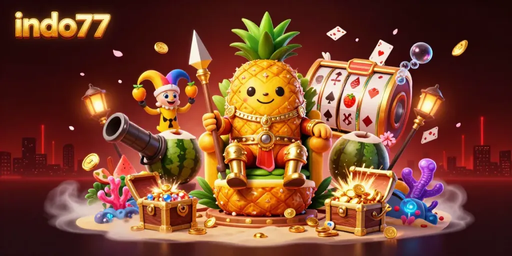 Permainan slot menarik di INDO777 dengan raja nanas berkilauan dan penjaga kelapa di kasino pantai.
