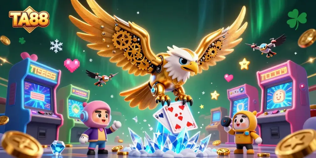 TA88 features a dynamic scene of a golden eagle diving through holographic cards.