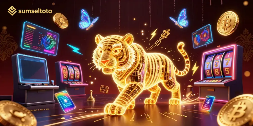 Engage with the vibrant sumseltoto digital casino scene showcasing a golden tiger and holographic butterflies in a rich environment.