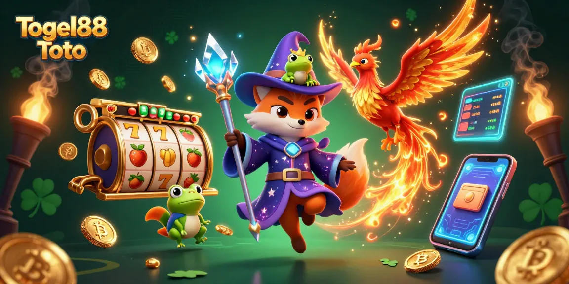 Experience the excitement of Togel88 Toto with vibrant gaming features and magical characters in a dynamic illustration.