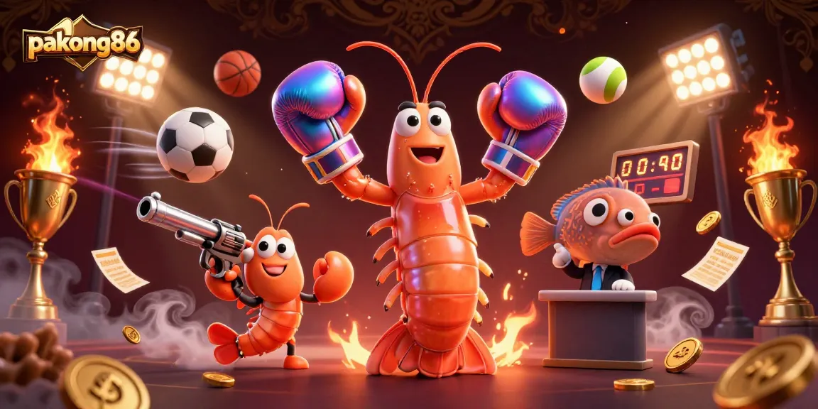 pakong86 showcases vibrant casino action featuring dynamic characters, sports balls, and a golden trophy background.