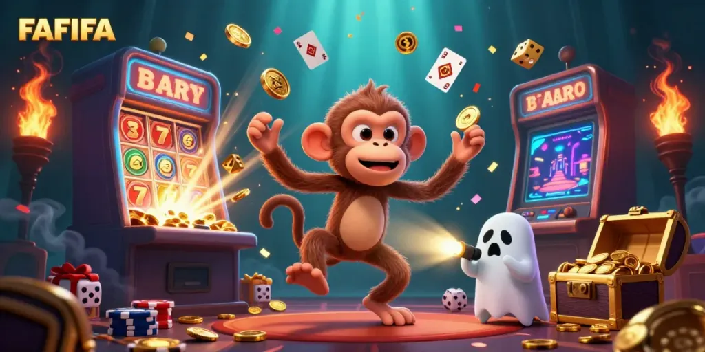 Engage with FAFIFA's gambling excitement through a vibrant 3D casino illustration featuring playful characters.
