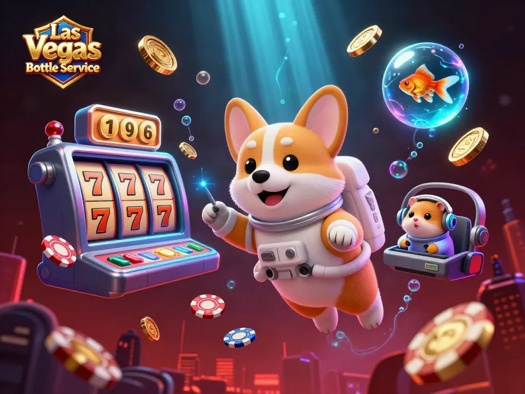 Experience the excitement with Las Vegas Bottle Service in a vibrant casino scene featuring animated characters and gaming elements.