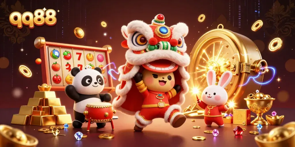 The thrilling qq88 slots scene features lion dancers and prizes, igniting festive excitement.