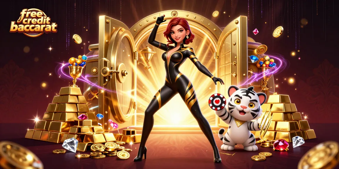 Play free credit baccarat with a dynamic 3D scene featuring captivating characters and casino elements.