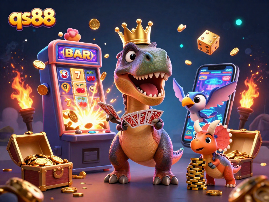 Engage with qs88 by watching a T-Rex shuffle cards as gold coins flow from a bursting slot machine.