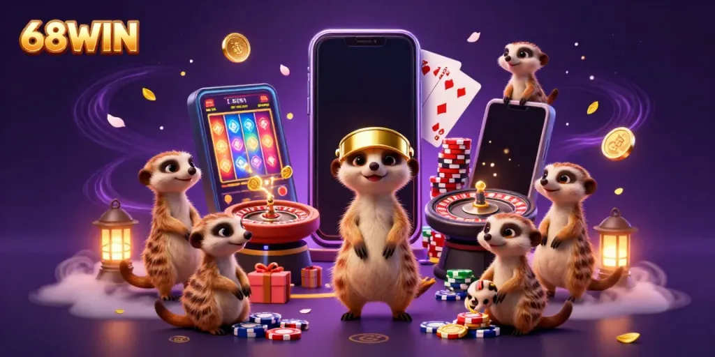 Experience thrilling games at 68WIN's vibrant casino with meerkats running the operation, focusing on excitement and strategy.