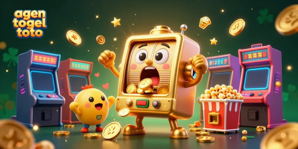 Slot mesin emas sentien merayakan kemenangan agen togel toto di bawah cahaya berkilau.