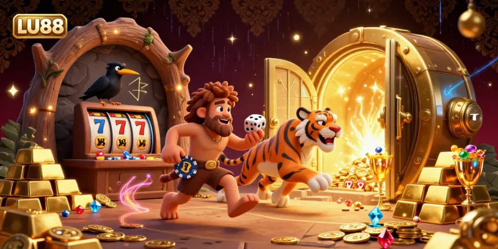 LU88 hosts an exhilarating prehistoric casino with cavemen, games, and treasures throughout.