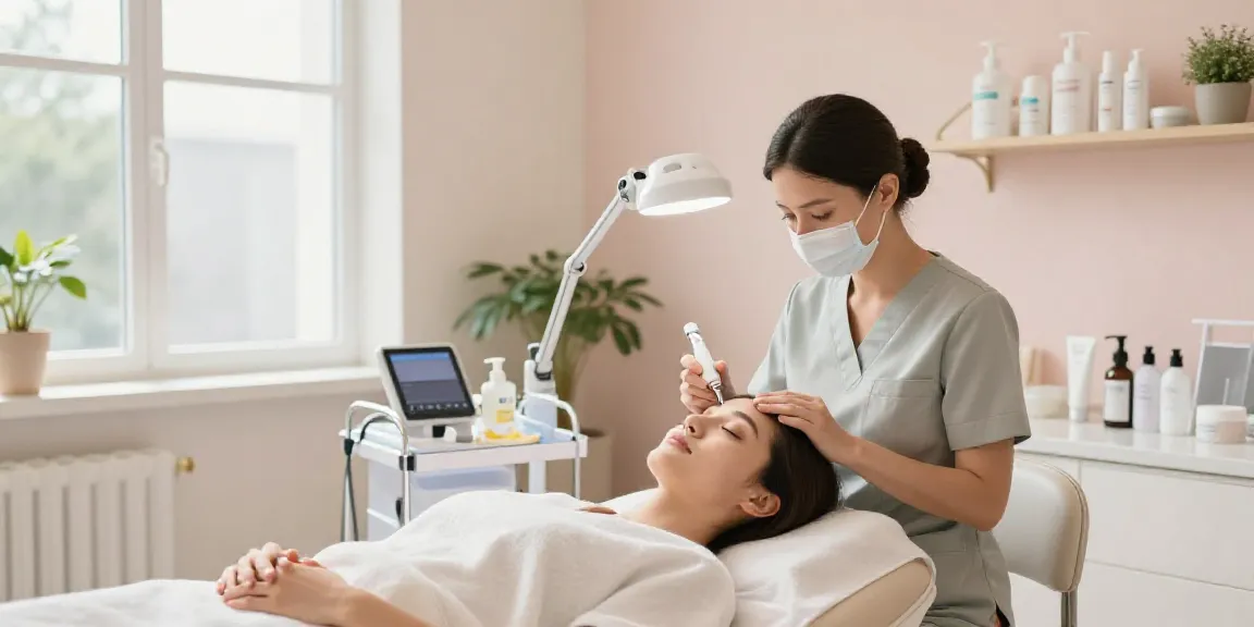 CCeye® treatment room for Augenringe entfernen, featuring a professional aesthetician preparing for a soothing session.