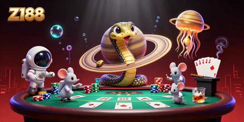 Experience Z188 with vibrant casino action featuring a roulette wheel, betting mice, and cosmic dealer jellyfish.